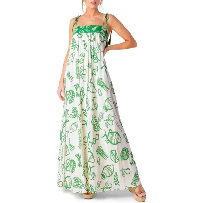 Flying Tomato Shoulder Tie Print Maxi Dress In Green
