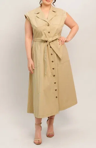 Flying Tomato Sleeveless Button-down Midi Shirtdress In Brown