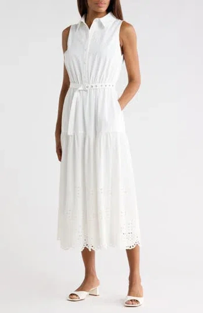 Flying Tomato Sleeveless Eyelet Solid Midi Shirtdress In White
