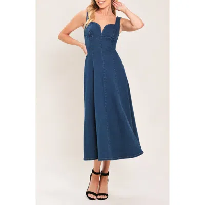 Flying Tomato Sleeveless Fit & Flare Denim Midi Dress In Medium Indigo