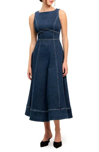 Flying Tomato Sleeveless Stretch Denim Midi Dress In Blue