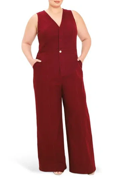 Flying Tomato Sleeveless Wide Leg Denim Jumpsuit In Burgundy