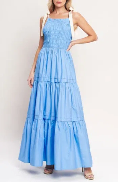 Flying Tomato Smocked Bodice Tiered Maxi Dress In Blue