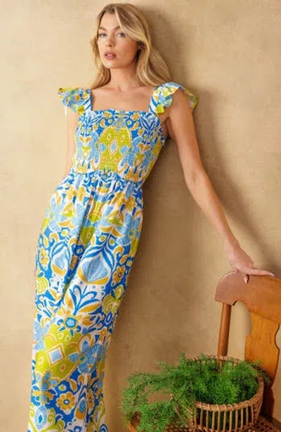 Flying Tomato Smocked Flutter Sleeve Jumpsuit In Blue