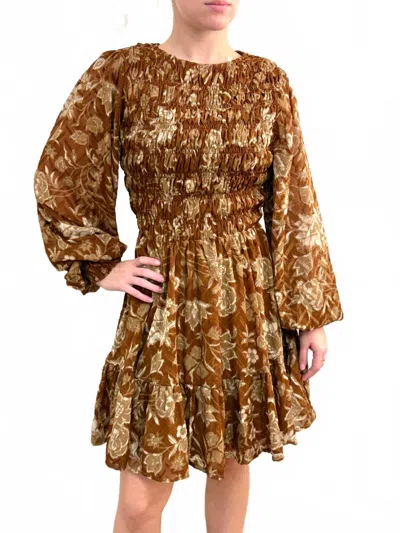 Flying Tomato Smocked Printed Mini Dress In Brown