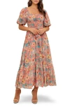 Flying Tomato Smocked Puff Sleeve Midi Dress In Multi