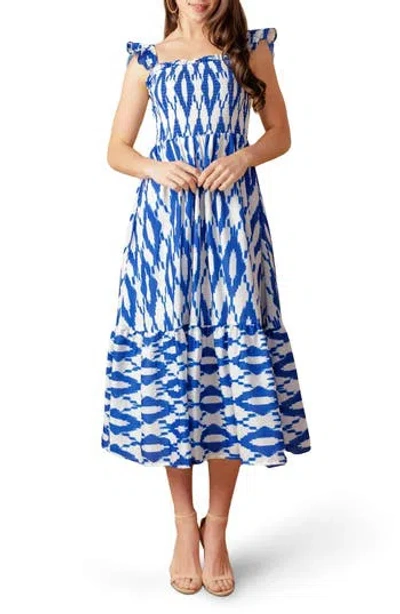 Flying Tomato Smocked Ruffle Strap Tiered Midi Dress In Ivory Blue