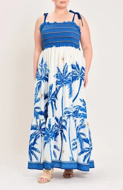 Flying Tomato Smocked Tie Shoulder Maxi Dress In Blue