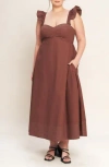 Flying Tomato Solid Flutter Sleeve Midi Dress In Brown