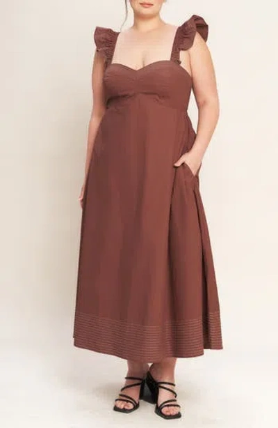 Flying Tomato Solid Flutter Sleeve Midi Dress In Brown