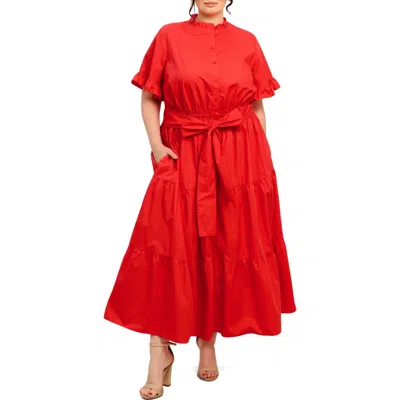 Flying Tomato Solid Ruffle Short Sleeve Tiered Cotton Dress In Red