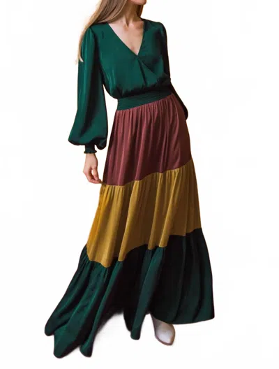 Flying Tomato Solid Satin Color Blocked Maxi Dress In Green Multi