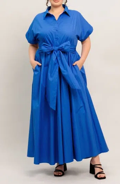 Flying Tomato Solid Short Sleeve Cotton Maxi Shirtdress In Blue
