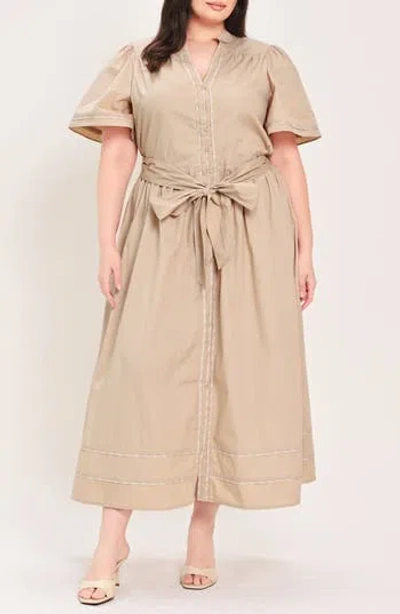 Flying Tomato Solid Tie Waist Midi Dress In Brown