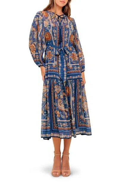 Flying Tomato Split Neck Long Sleeve Midi Dress In Blue