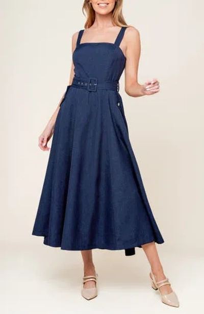 Flying Tomato Square Neck Belted Fit & Flare Midi Dress In Blue