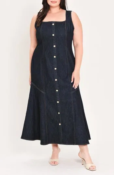 Flying Tomato Square Neck Button Front Midi Dress In Dark Indigo