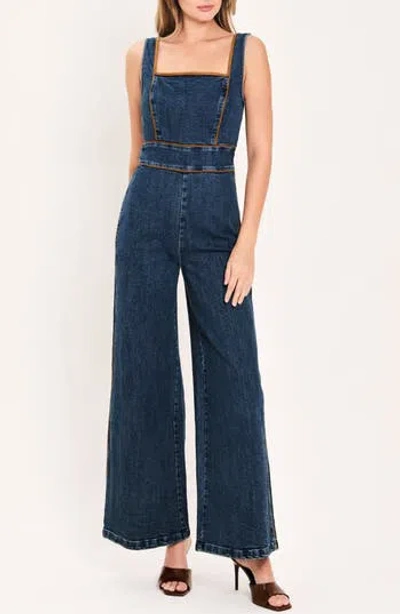 Flying Tomato Square Neck Sleeveless Denim Jumpsuit In Medium Indigo