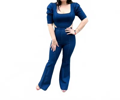 Flying Tomato Square Neckline Denim Jumpsuit In Medium Indigo In Blue