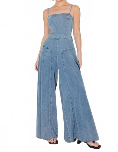 Flying Tomato Straight Neckline Straps Jumpsuit In Light Denim In Blue