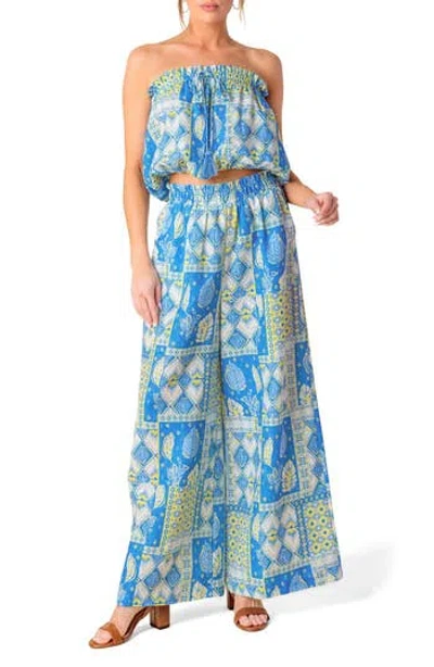 Flying Tomato Strapless Bubble Top & Wide Leg Pant Set In Blue