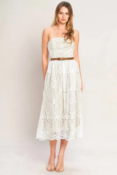 Flying Tomato Strapless Lace Midi Dress With Belt In White