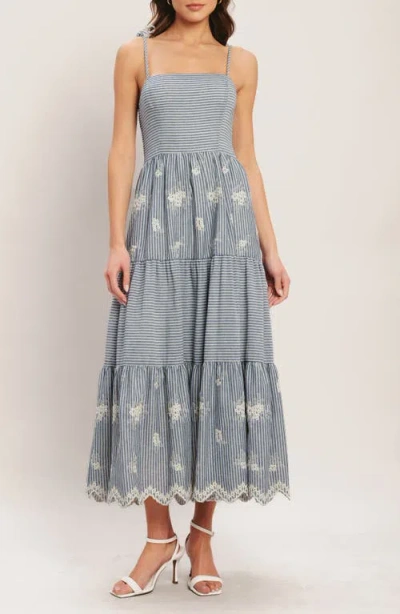 Flying Tomato Stripe Floral Embroidered Tie Shoulder Midi Dress In Blue