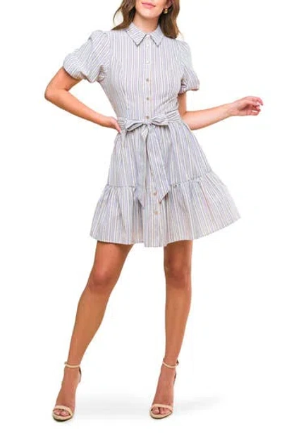 Flying Tomato Stripe Puff Sleeve Fit & Flare Shirtdress In Blue