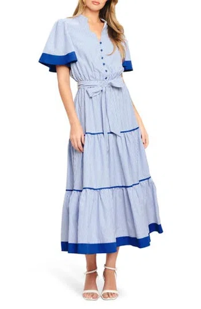 Flying Tomato Stripe Short Sleeve Midi Shirtdress In Blue