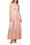 Flying Tomato Stripe Tie Front Tiered Maxi Dress In Ivory Fuchsia