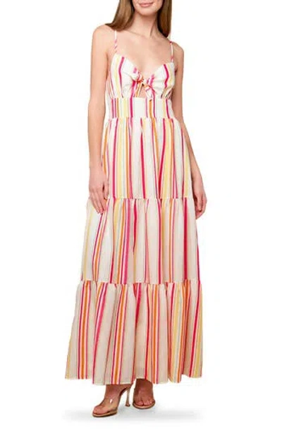Flying Tomato Stripe Tie Front Tiered Maxi Dress In Ivory Fuchsia