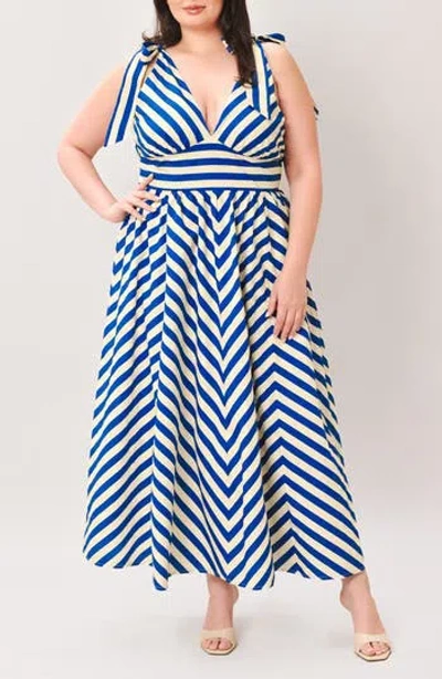 Flying Tomato Stripe Tie Strap Cotton Maxi Dress In Blue