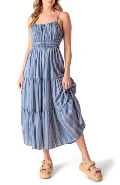 Flying Tomato Stripe Tiered Cotton Maxi Dress In Denim Blue/stripe