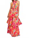 Flying Tomato Sunset Senorita Halter Abstract Tiered Maxi Dress In Red/orange Multi In Pink