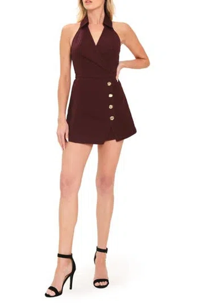Flying Tomato Surplice V-neck Denim Romper In Red Bean