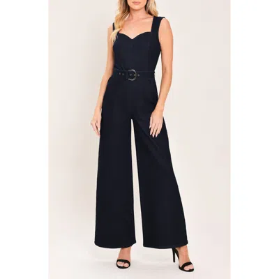 Flying Tomato Sweetheart Neck Belted Denim Jumpsuit In Dark Indigo