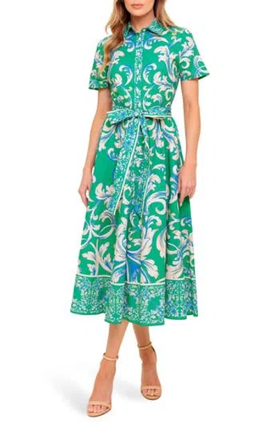 Flying Tomato Swirl Print Short Sleeve Cotton Shirtdress In Green