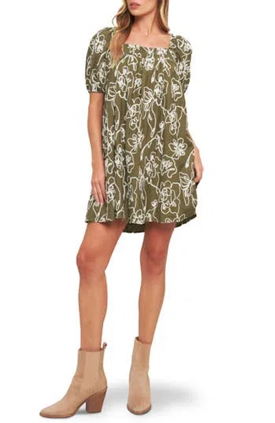 Flying Tomato Textured Floral Babydoll Minidress In Green
