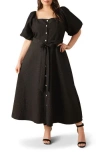 Flying Tomato Textured Tie Waist Puff Sleeve Midi Dress