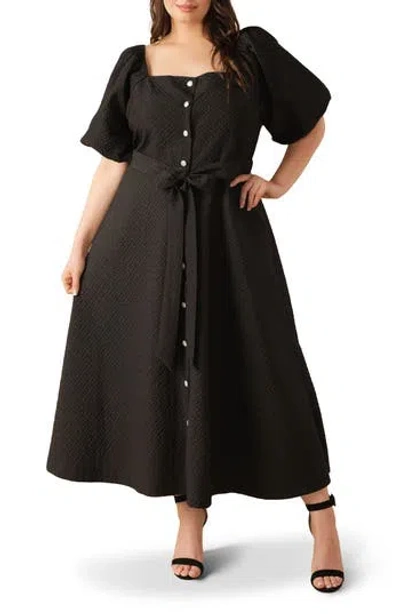 Flying Tomato Textured Tie Waist Puff Sleeve Midi Dress In Black
