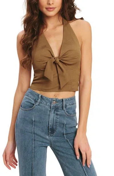 Flying Tomato Tie Front Halter Crop Top In Brown