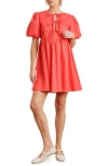 Flying Tomato Tie Front Short Sleeve Babydoll Minidress In Coral Red