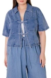 Flying Tomato Tie Front Short Sleeve Washed Denim Top In Blue