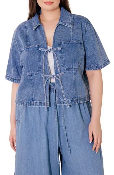 Flying Tomato Tie Front Short Sleeve Washed Denim Top