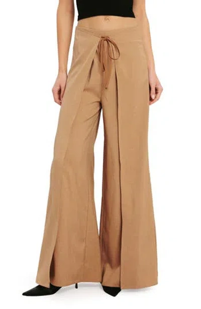 Flying Tomato Tie Front Wrap Wide Leg Pants In Taupe