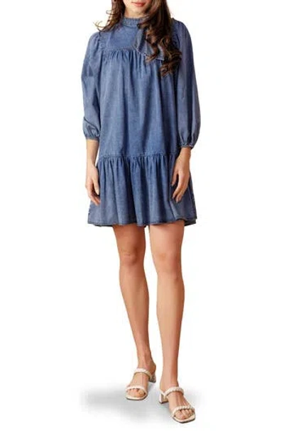 Flying Tomato Tie Neck Balloon Sleeve Denim Trapeze Dress In Blue