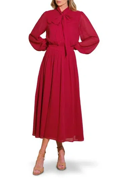 Flying Tomato Tie Neck Long Sleeve Chiffon Midi Dress In Red