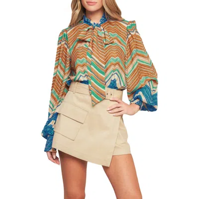 Flying Tomato Tie Neck Long Sleeve Top In Brown