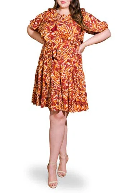Flying Tomato Tie Neck Three-quarter Puff Sleeve Babydoll Minidress In Brown