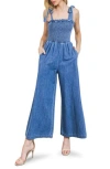 Flying Tomato Tie Strap Chambray Jumpsuit In Blue
